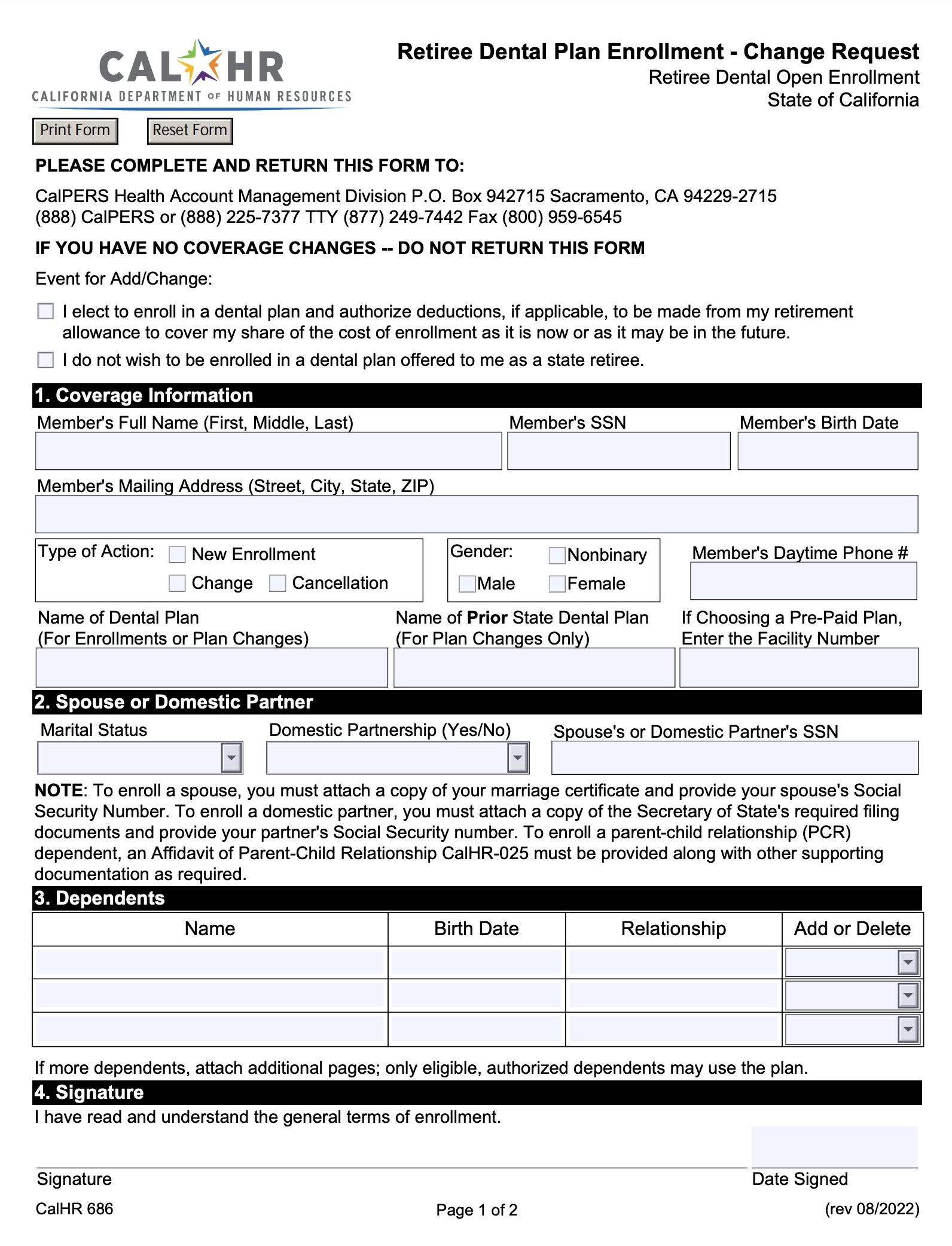 Retiree dental enrollment form